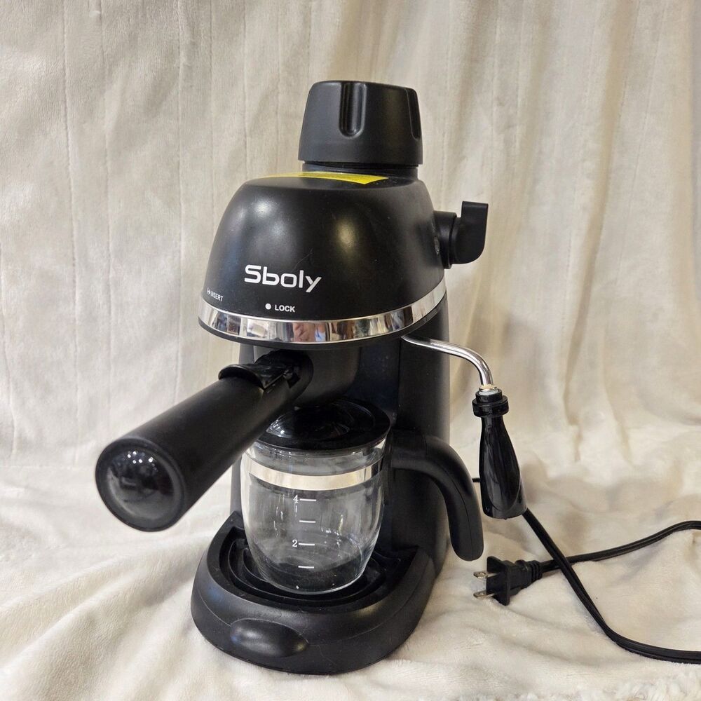 Sboly Black Espresso Machine for Ground Coffee 4-Cup Steam Wand Analog
